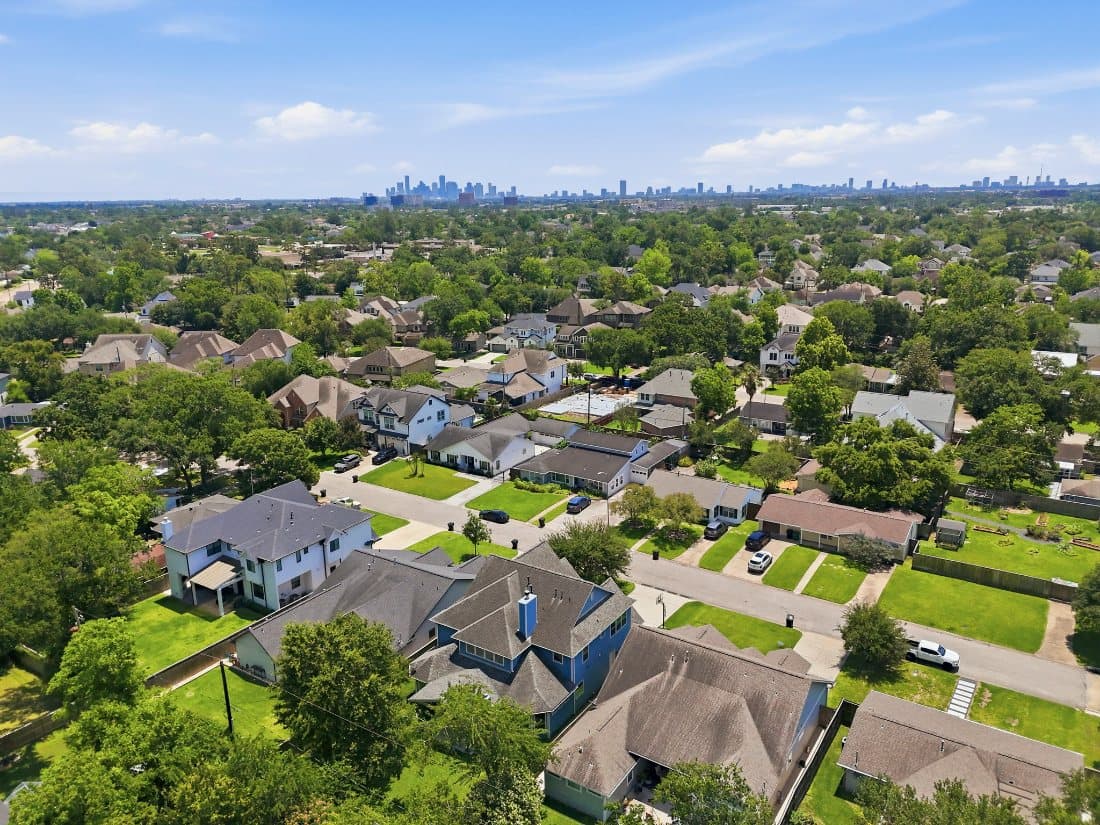 Aerial view of Houston, TX neighborhoods and skyline for property acquisitions