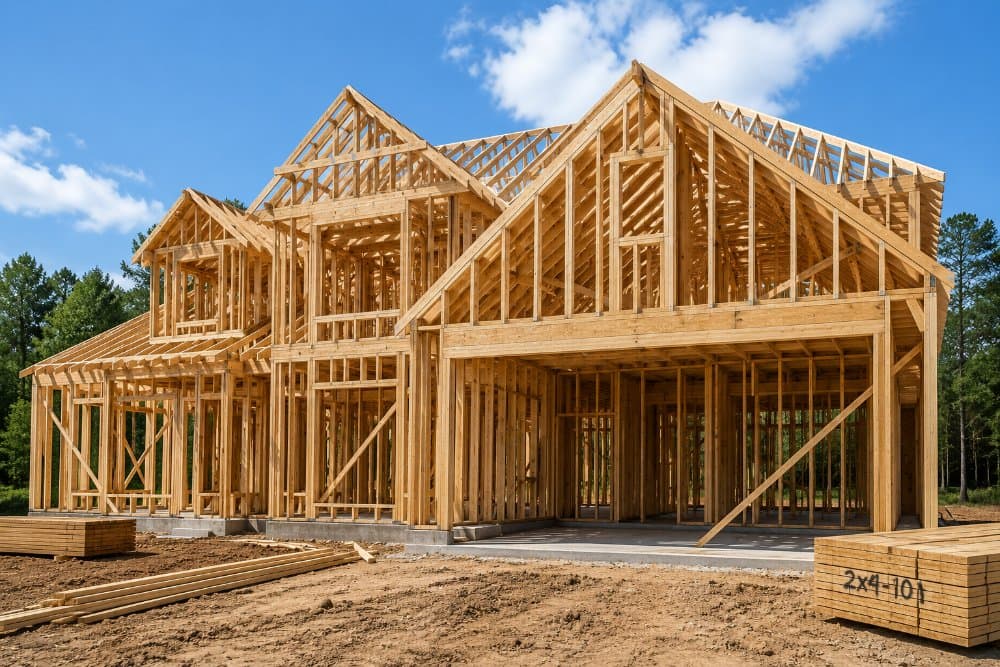 New home under construction at framing stage in Houston, TX