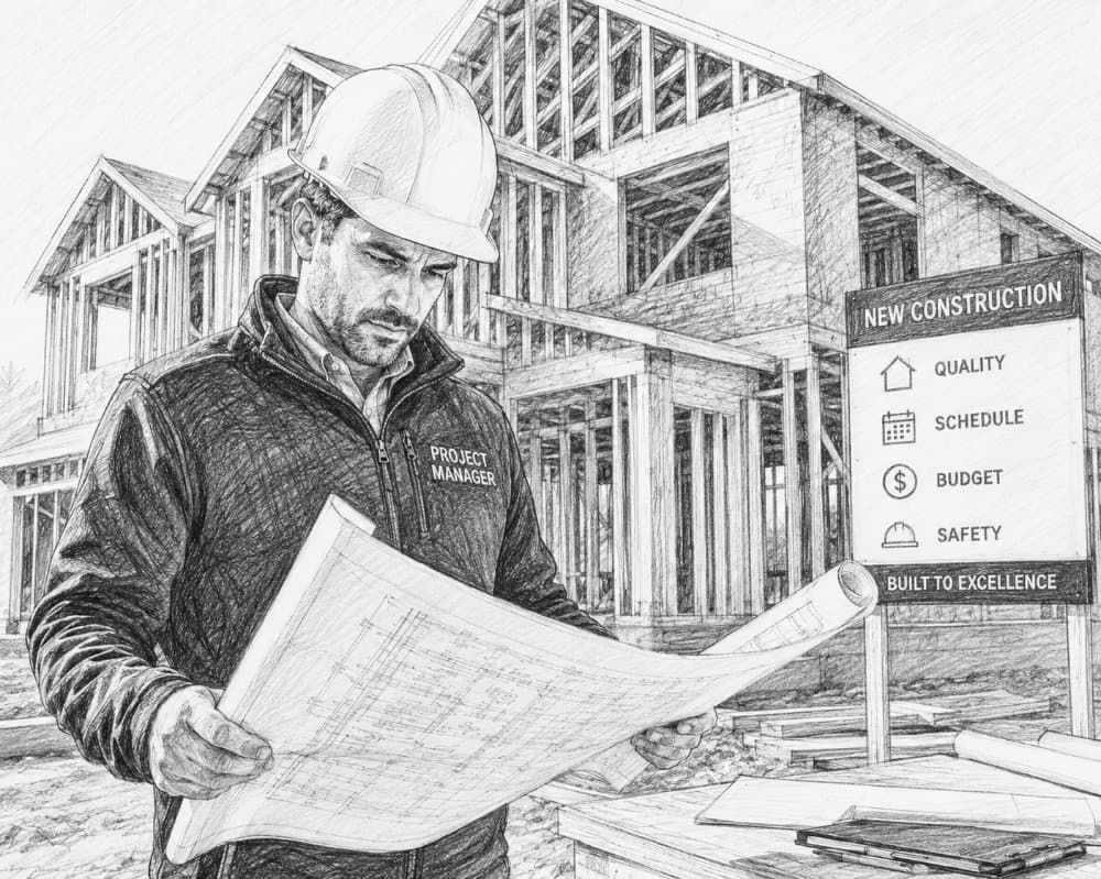 K-Tex Services project manager reviewing blueprints at a new construction site in Houston, TX